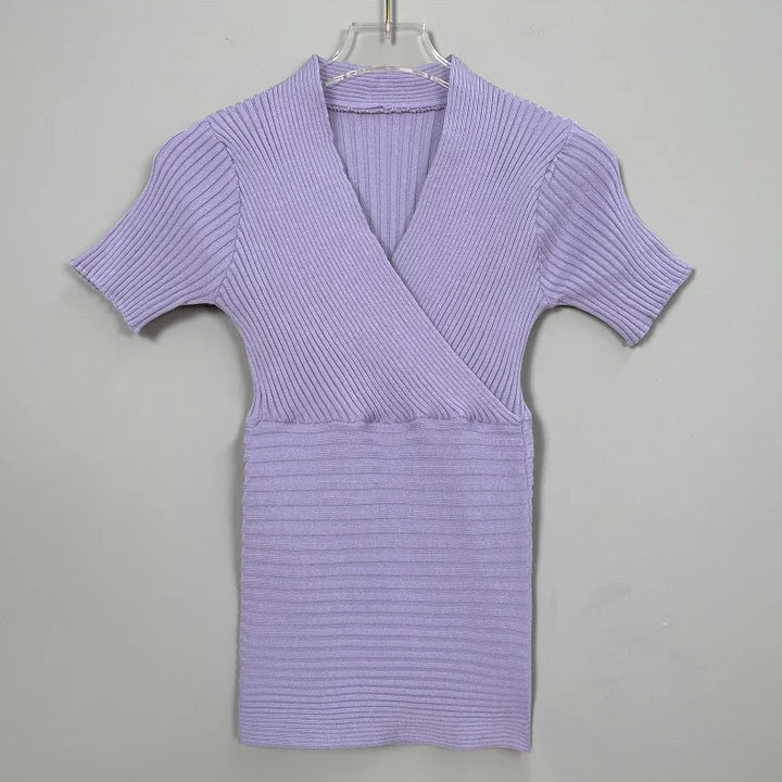 WOMENGAGA Korea Sexy V-neck High Waist Large Chest Tight Thin Knit Short Sleeve T-shirt Women's Hot Sexy Korean Women Tees 5INW