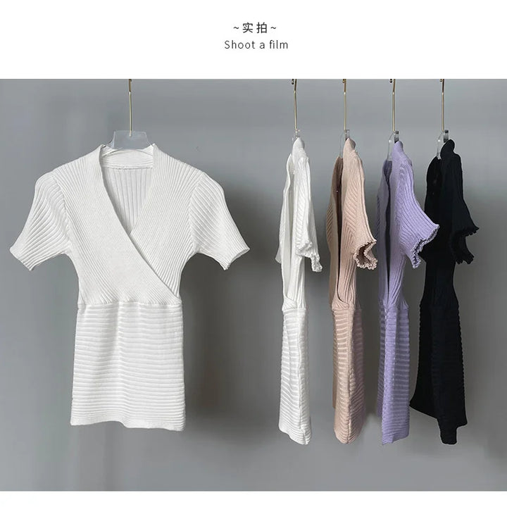 WOMENGAGA Korea Sexy V-neck High Waist Large Chest Tight Thin Knit Short Sleeve T-shirt Women's Hot Sexy Korean Women Tees 5INW