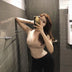 WOMENGAGA Korea Sexy V-neck High Waist Large Chest Tight Thin Knit Short Sleeve T-shirt Women's Hot Sexy Korean Women Tees 5INW