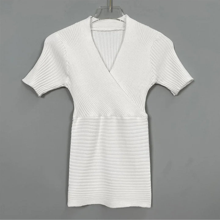 WOMENGAGA Korea Sexy V-neck High Waist Large Chest Tight Thin Knit Short Sleeve T-shirt Women's Hot Sexy Korean Women Tees 5INW