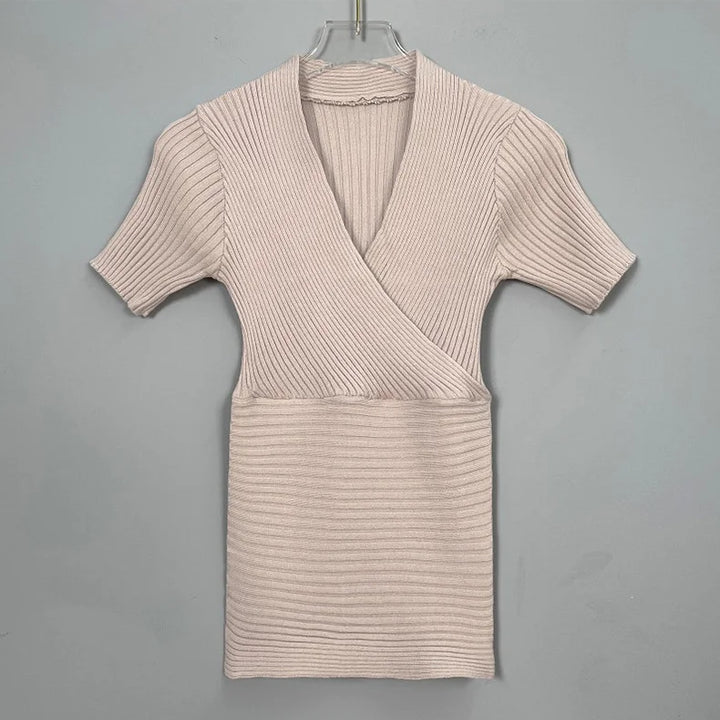 WOMENGAGA Korea Sexy V-neck High Waist Large Chest Tight Thin Knit Short Sleeve T-shirt Women's Hot Sexy Korean Women Tees 5INW