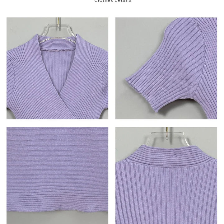WOMENGAGA Korea Sexy V-neck High Waist Large Chest Tight Thin Knit Short Sleeve T-shirt Women's Hot Sexy Korean Women Tees 5INW